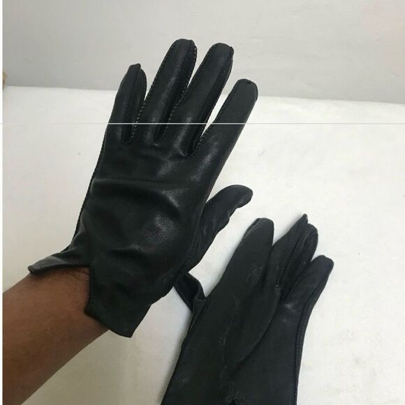 FRENCH KID LEATHER GLOVES STUNNING JET BLACK WHIP STITCH DETAIL VINTAGE - Picture 4 of 4